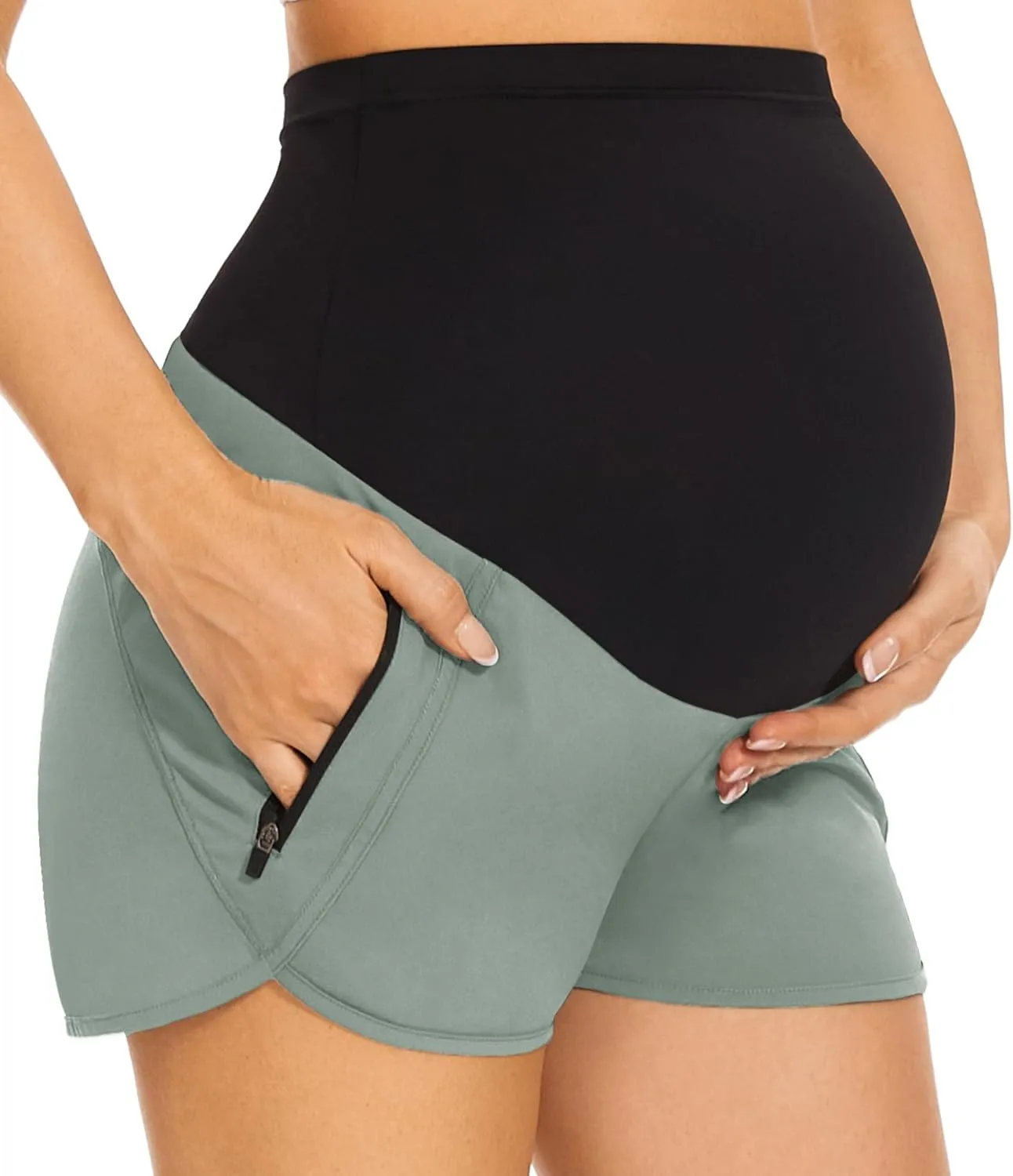 PACBREEZE Women's Maternity Shorts Over Belly Quick Dry Workout Athletic Running Shorts with Zipper Pockets
