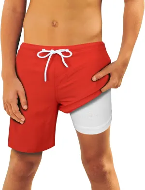 QRANSS Boys Swim Trunks Toddler Swim Shorts with Compression Liner Anti Chafe 2 in 1 Bathing Suit Swimsuit Swimwear