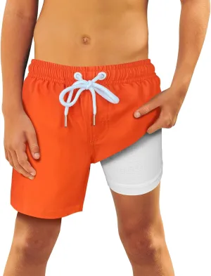 QRANSS Boys Swim Trunks Toddler Swim Shorts with Compression Liner Anti Chafe 2 in 1 Bathing Suit Swimsuit Swimwear