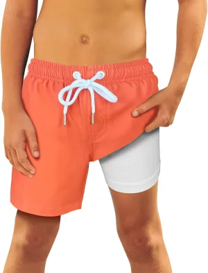 QRANSS Boys Swim Trunks Toddler Swim Shorts with Compression Liner Anti Chafe 2 in 1 Bathing Suit Swimsuit Swimwear