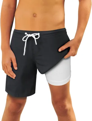 QRANSS Boys Swim Trunks Toddler Swim Shorts with Compression Liner Anti Chafe 2 in 1 Bathing Suit Swimsuit Swimwear