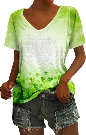 QWENTMTNTY Womens St Patricks Day Shirt V Neck Short Sleeve Sequin Print T-Shirts Casual Festive Irish Flag Shamrock Shirts