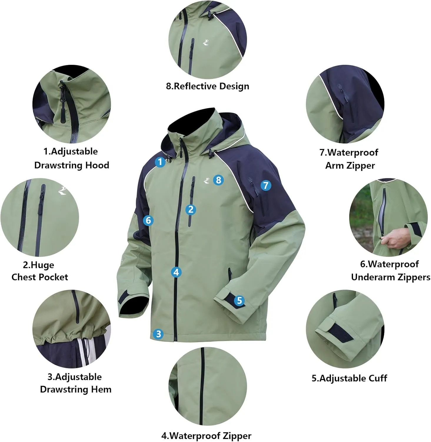 RANDY SUN Unisex Rain Jacket Mens Waterproof With Hood, Women's Raincoats, Reflective Lightweight Windbreaker