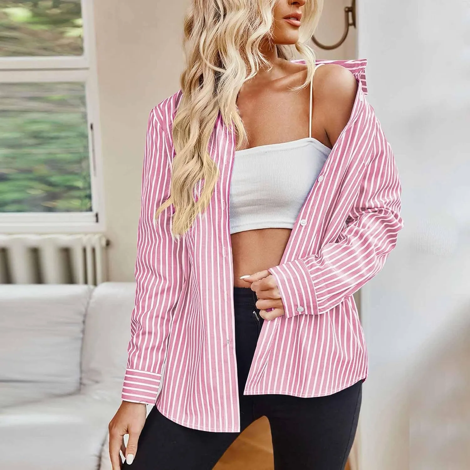 Striped Button Down Shirts for Women Long Sleeve Casual Collared Office Work Blouse Casual Lightweight Beach Cover Ups