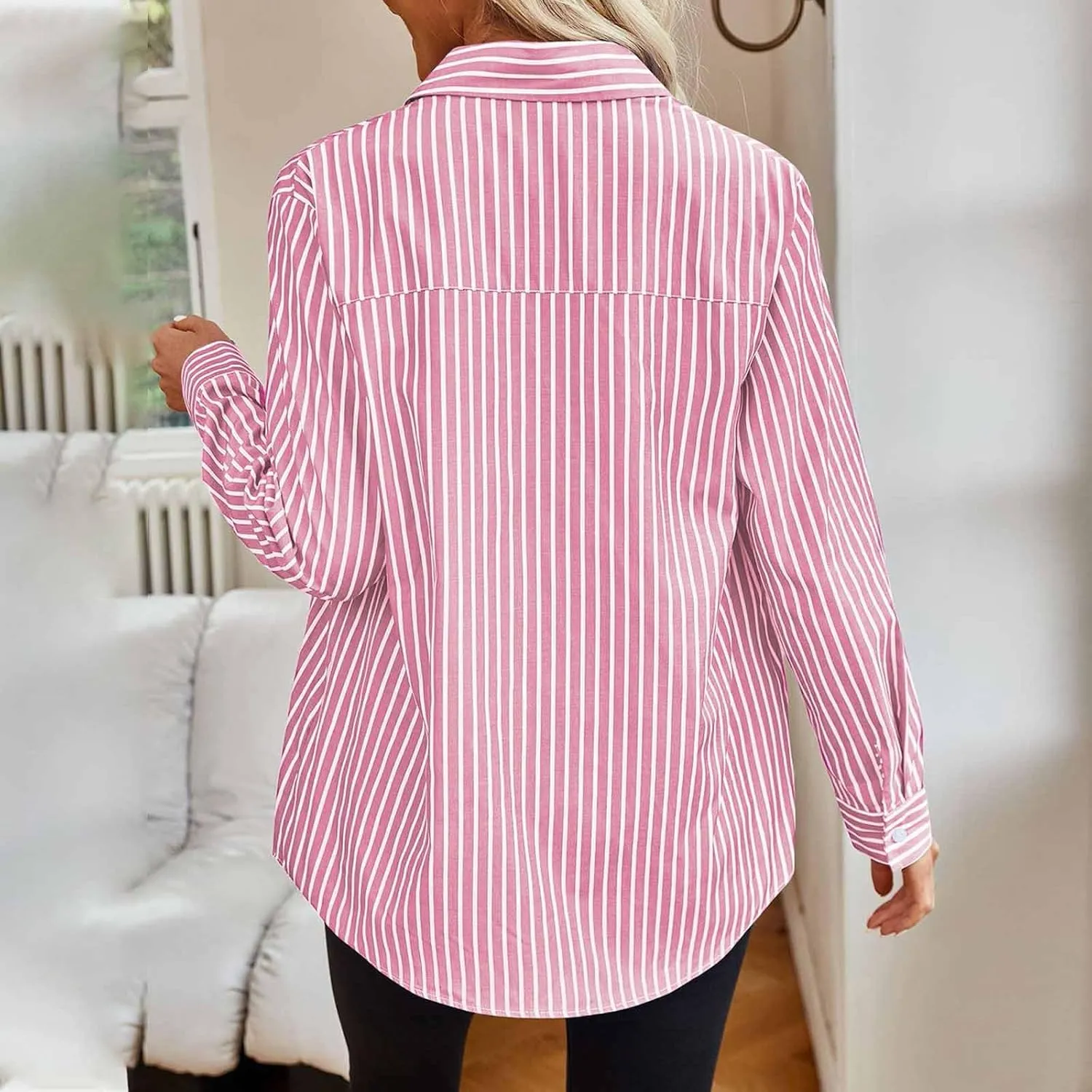 Striped Button Down Shirts for Women Long Sleeve Casual Collared Office Work Blouse Casual Lightweight Beach Cover Ups