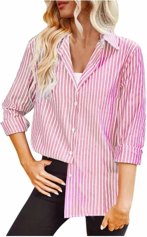 Striped Button Down Shirts for Women Long Sleeve Casual Collared Office Work Blouse Casual Lightweight Beach Cover Ups