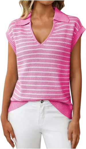 Summer Stripe Knit Tank Tops for Women, Lapel V-Neck Fashion Cap Sleeve Tunic Shirts Comfy Breathable Daily Clothes