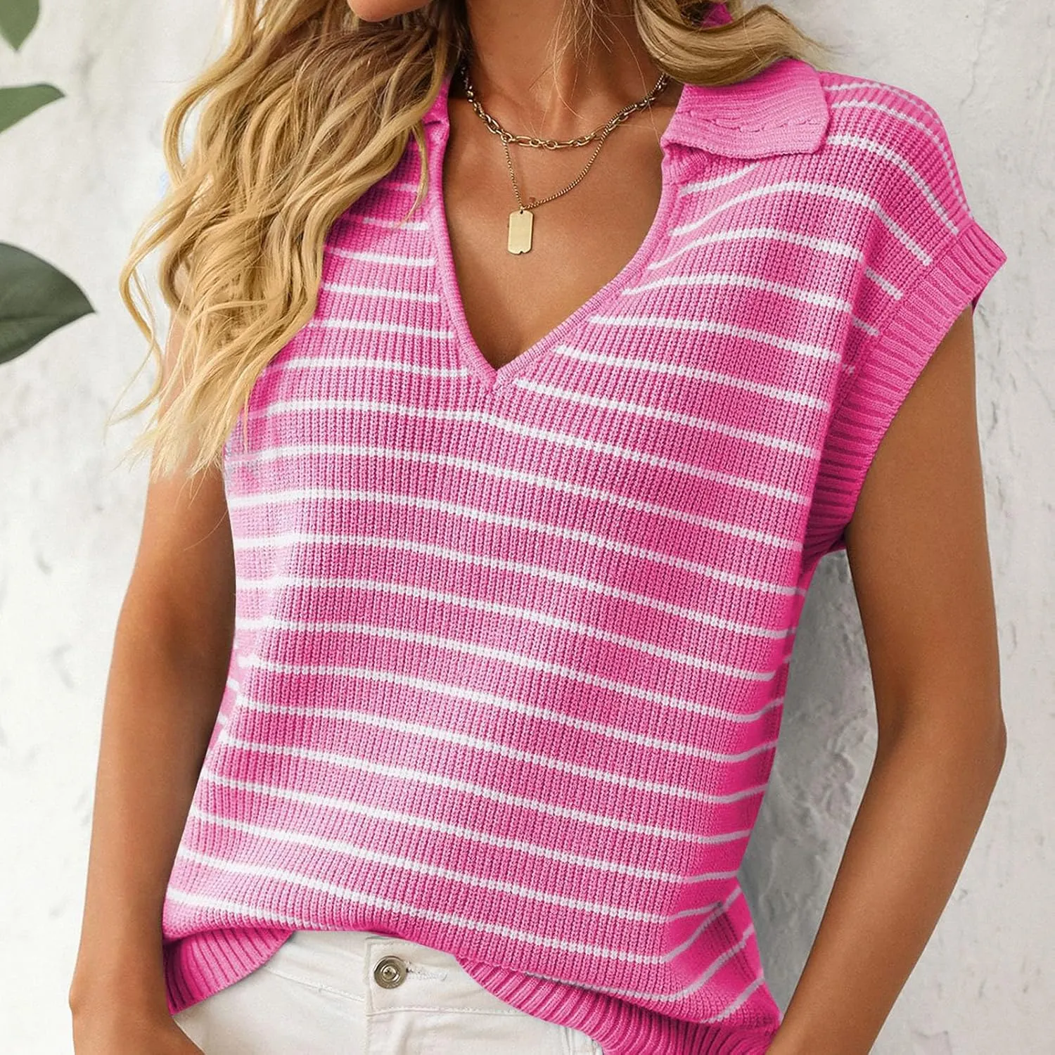 Summer Stripe Knit Tank Tops for Women, Lapel V-Neck Fashion Cap Sleeve Tunic Shirts Comfy Breathable Daily Clothes