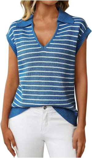 Summer Stripe Knit Tank Tops for Women, Lapel V-Neck Fashion Cap Sleeve Tunic Shirts Comfy Breathable Daily Clothes