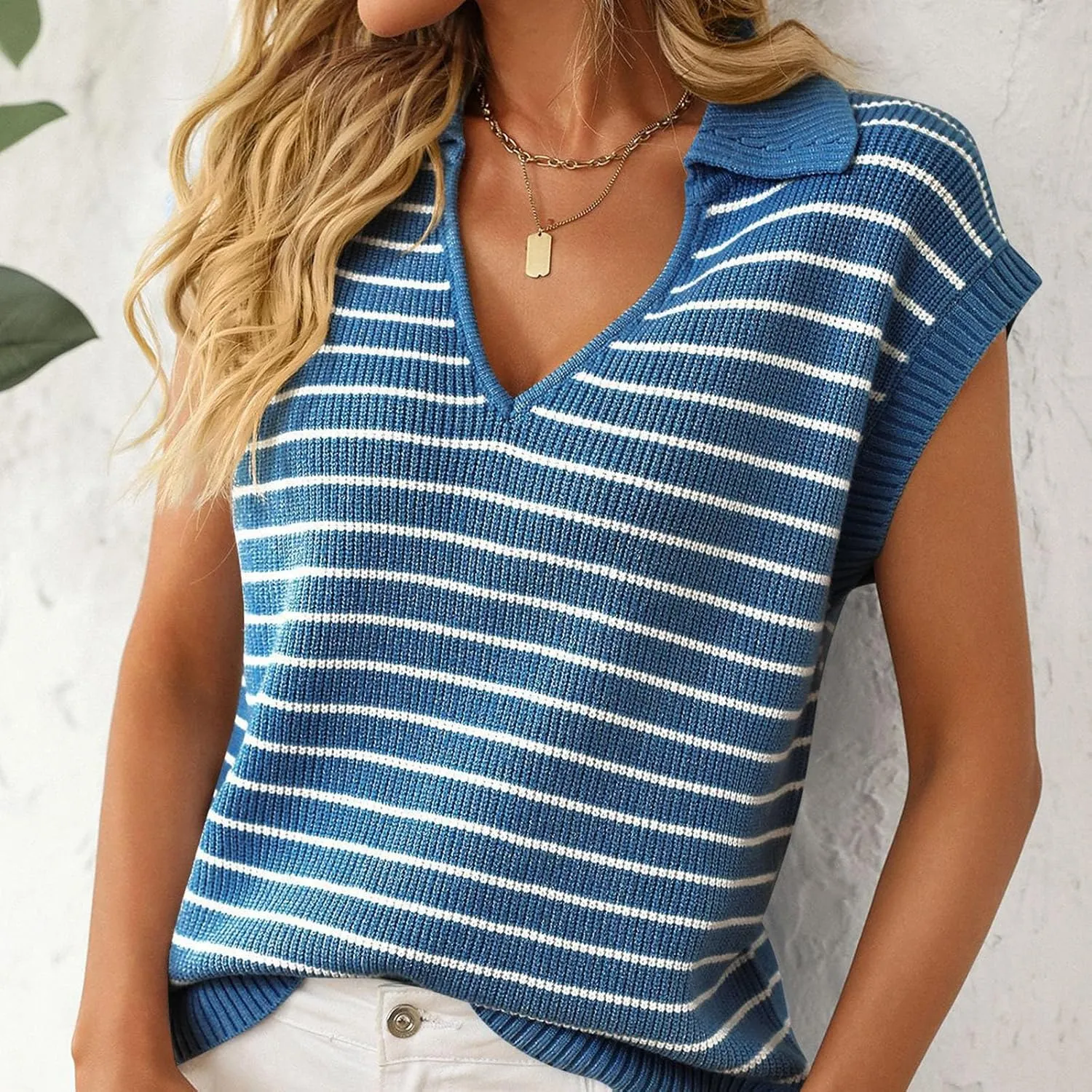 Summer Stripe Knit Tank Tops for Women, Lapel V-Neck Fashion Cap Sleeve Tunic Shirts Comfy Breathable Daily Clothes