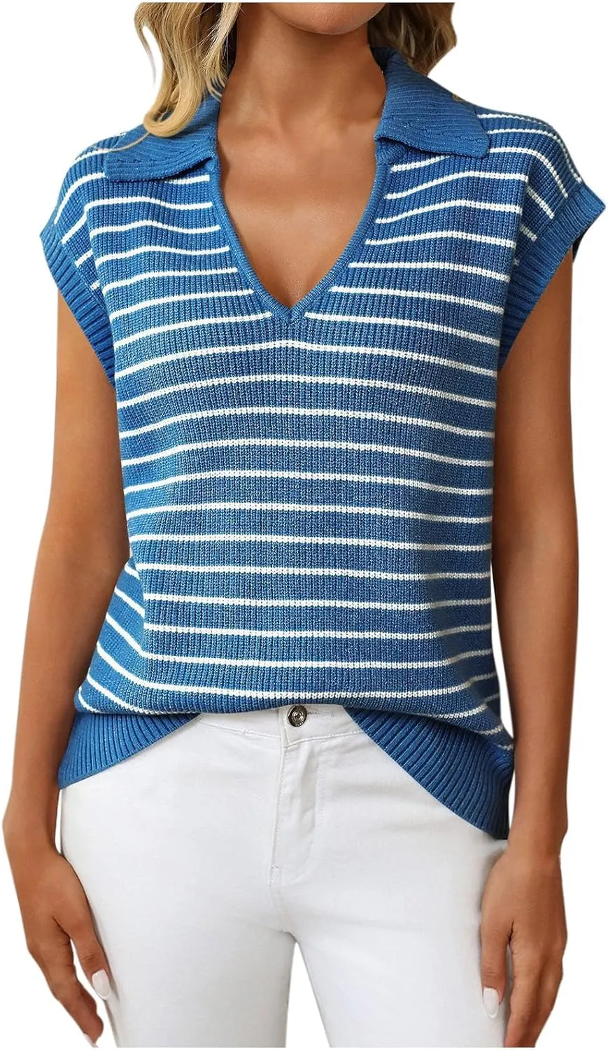 Summer Stripe Knit Tank Tops for Women, Lapel V-Neck Fashion Cap Sleeve Tunic Shirts Comfy Breathable Daily Clothes