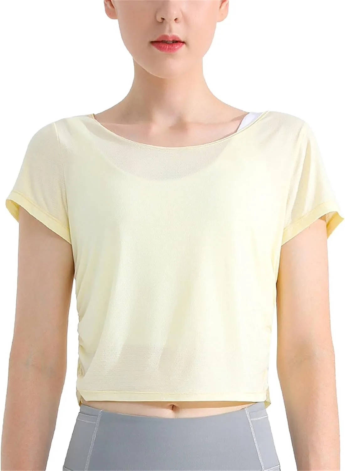 Summer Yoga T Shirts for Women Round Neck Short Sleeve Lightweight Fitness Tops Outdoor Workout Running Quick Dry Tee