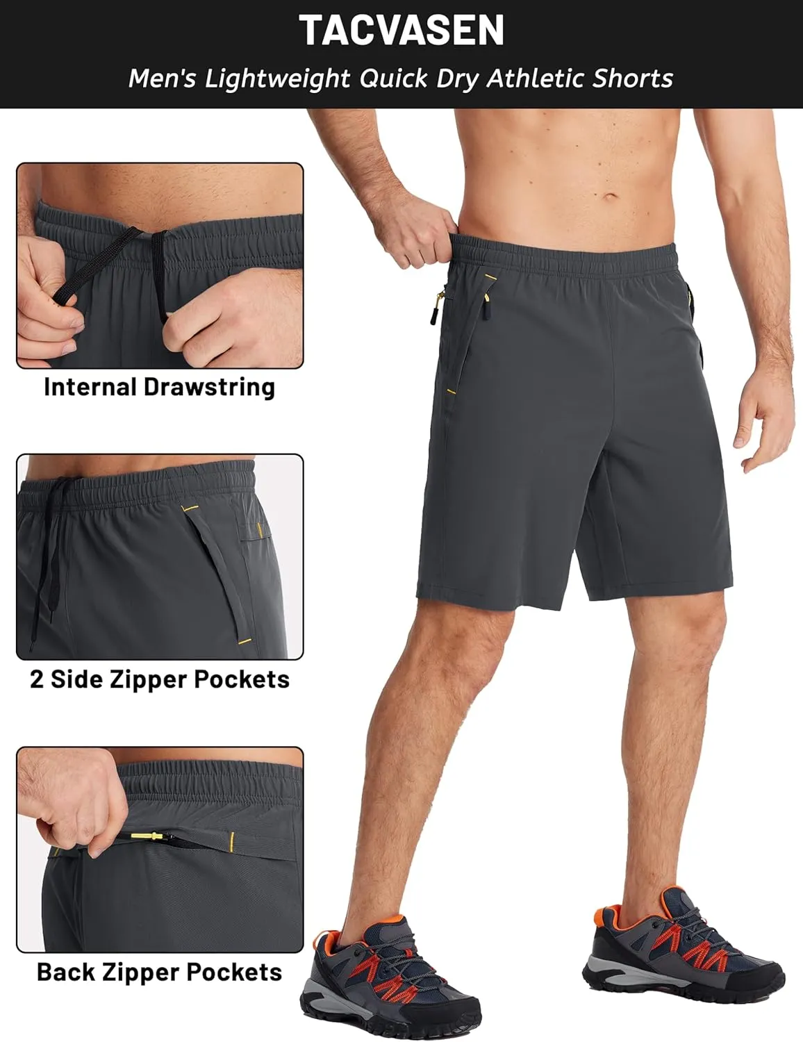 TACVASEN Men's Running Athletic Shorts 9" Quick Dry Workout Gym Shorts Lightweight Summer Shorts 3 Zipper Pockets