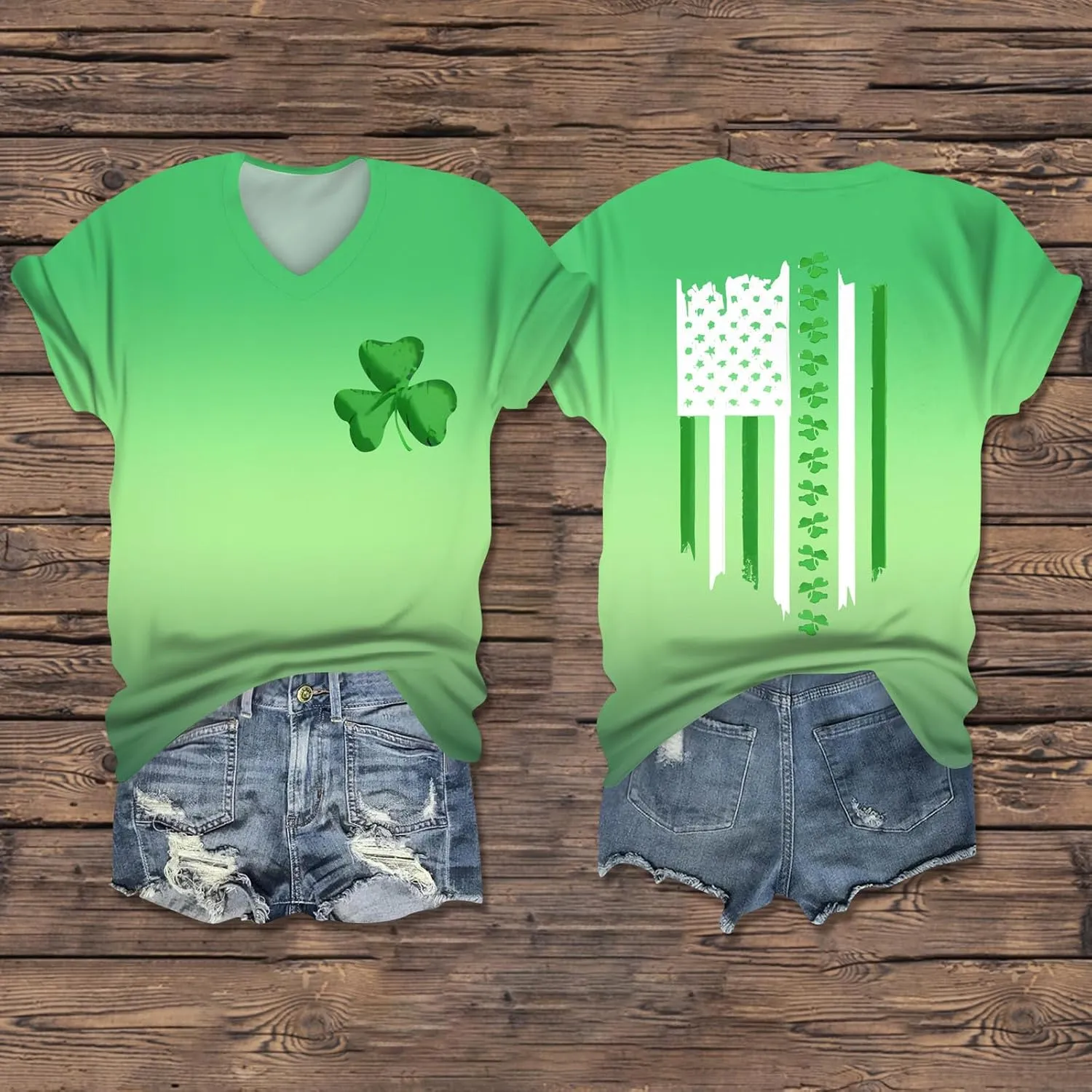 Trendy V Neck Short Sleeve Tunic for Women, Oversized Flowy Casual Holiday Tops, Stylish St. Patrick's Day Blouse