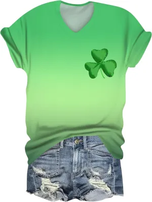 Trendy V Neck Short Sleeve Tunic for Women, Oversized Flowy Casual Holiday Tops, Stylish St. Patrick's Day Blouse