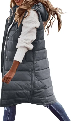 Wankang Long Puffer Vest for Women with Hood Sleeveless Puffer Jacket Lightweight Down Vest Full Zip Winter Quilted Vest