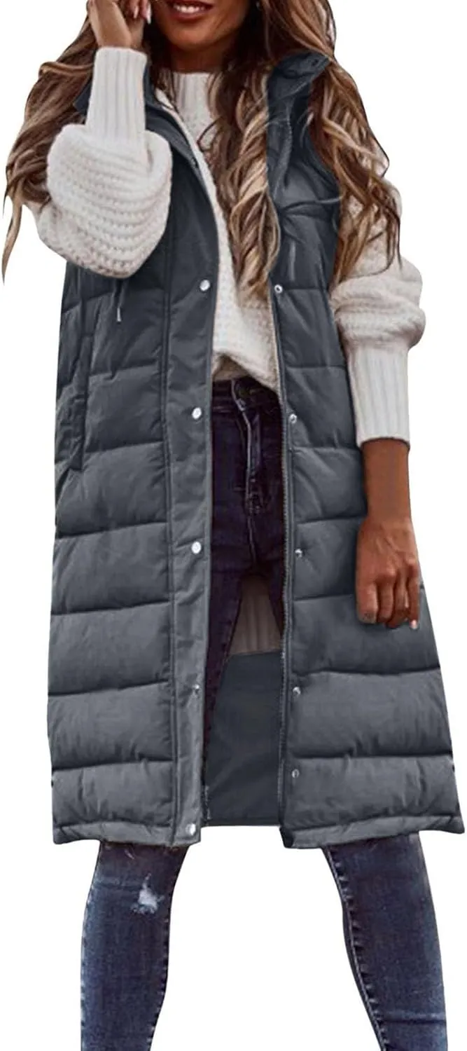 Wankang Long Puffer Vest for Women with Hood Sleeveless Puffer Jacket Lightweight Down Vest Full Zip Winter Quilted Vest