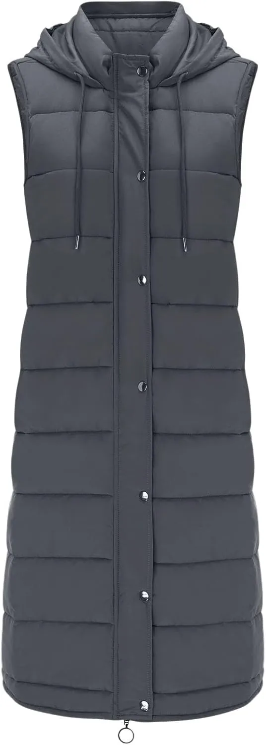 Wankang Long Puffer Vest for Women with Hood Sleeveless Puffer Jacket Lightweight Down Vest Full Zip Winter Quilted Vest