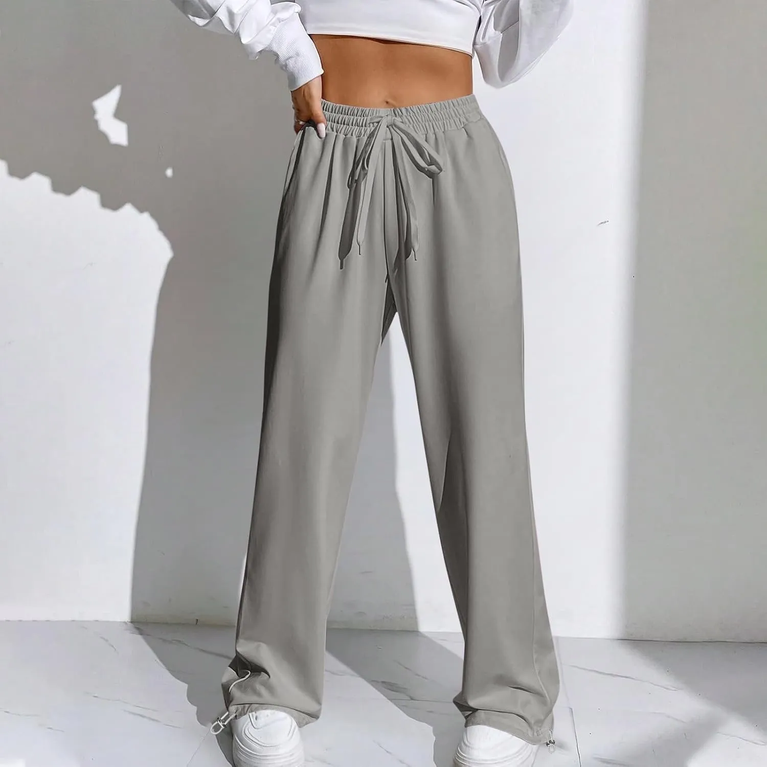 Wide Leg Jogging Pants Women High Waisted Drawstring Pants Soft Comfortable Pants Solid Color Sweatpants for Sports