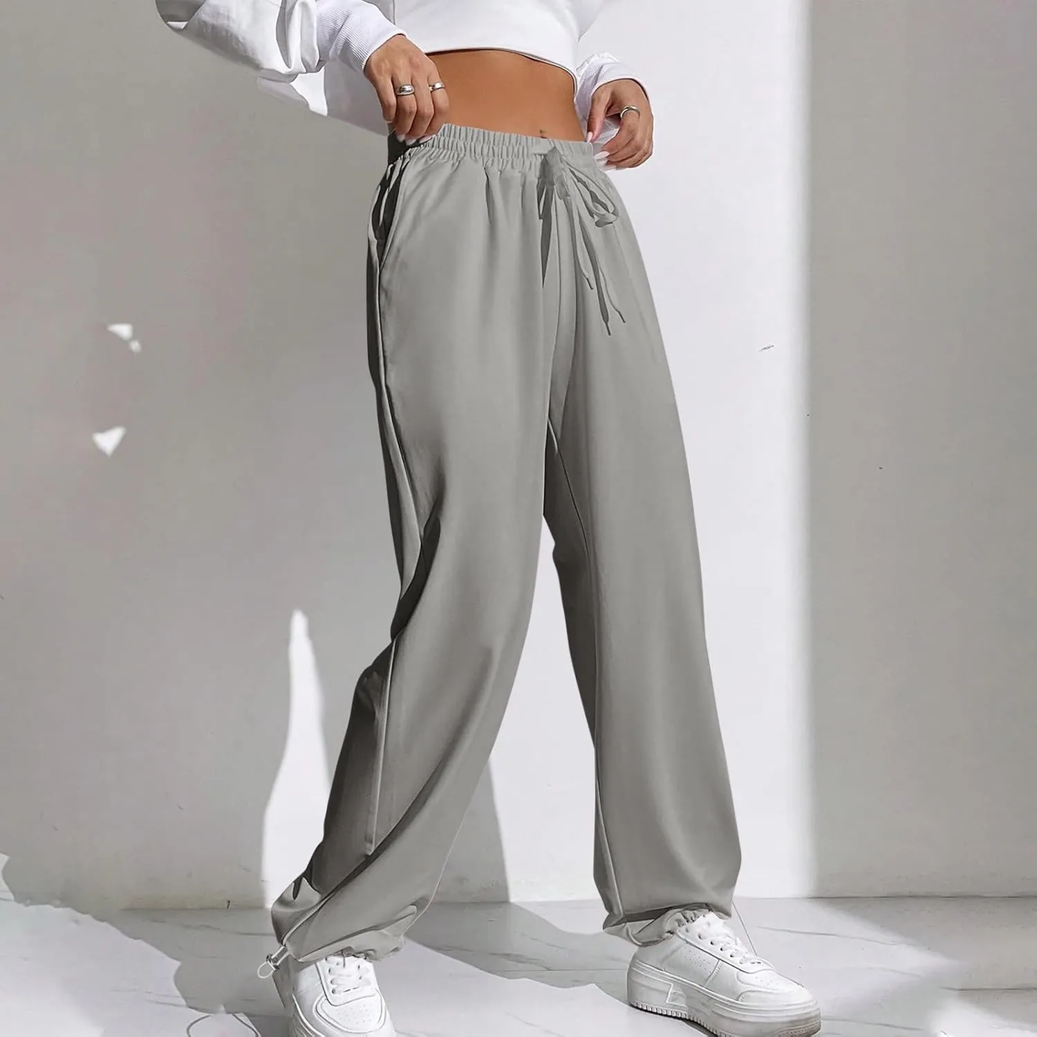 Wide Leg Jogging Pants Women High Waisted Drawstring Pants Soft Comfortable Pants Solid Color Sweatpants for Sports