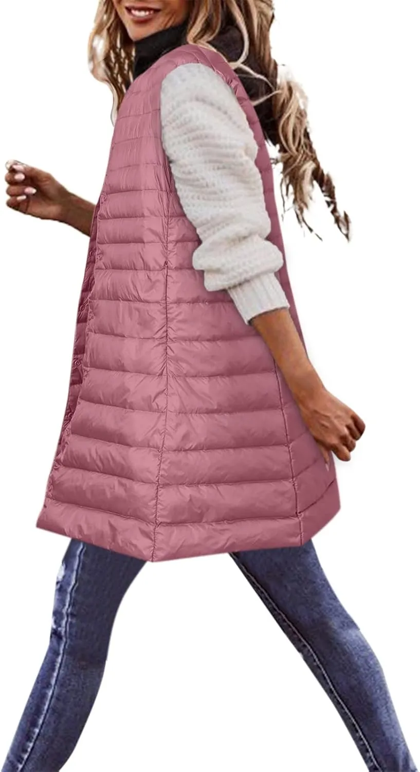 Winter Vests for Women Down Puffer Solid Round Neck 2023 Winter Light Weight Coats with Pockets Warm Down Coats