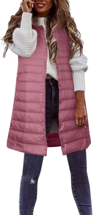 Winter Vests for Women Down Puffer Solid Round Neck 2023 Winter Light Weight Coats with Pockets Warm Down Coats