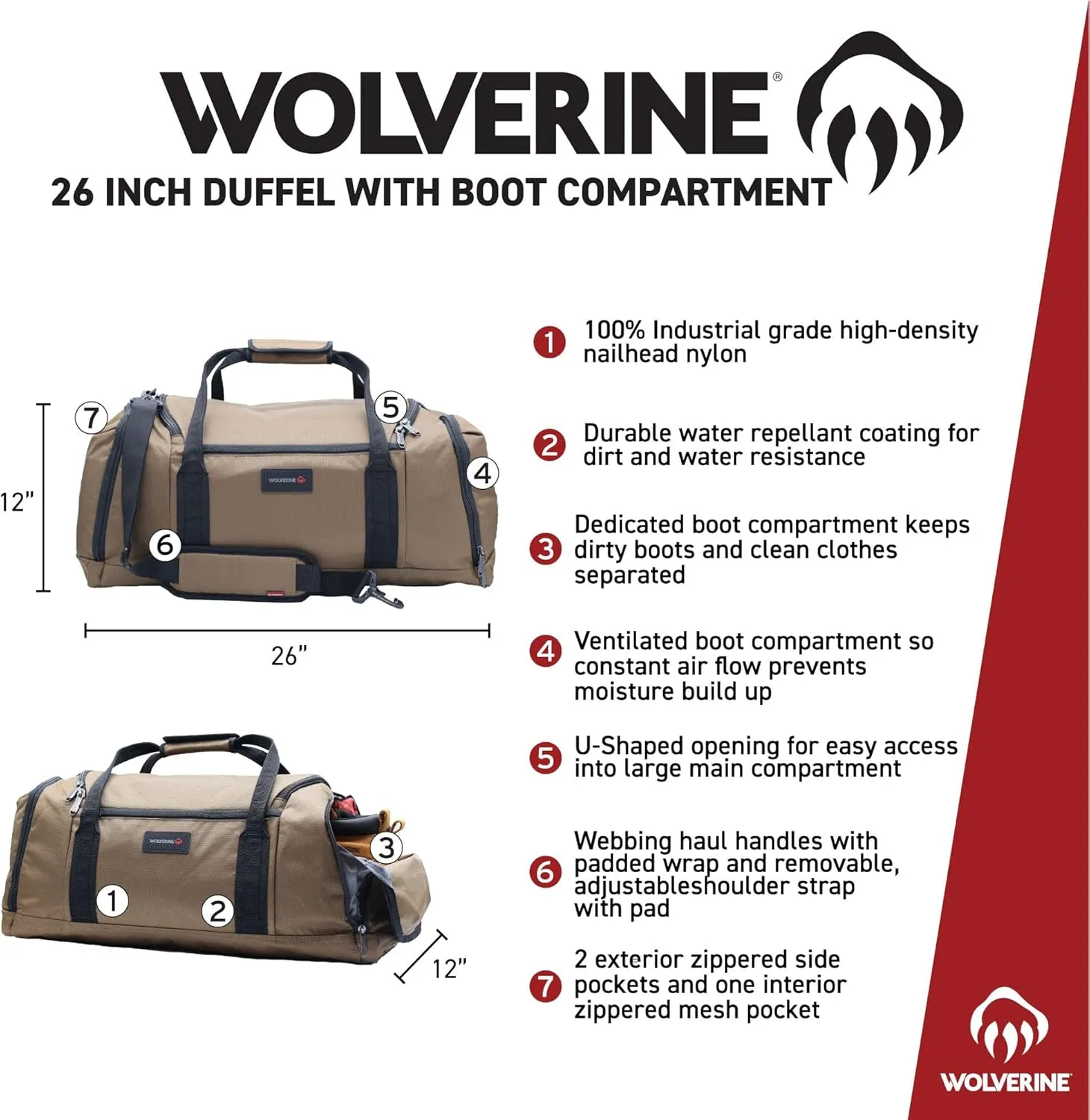 WOLVERINE 26" Duffel with Ventilated Boot Compartment, Water & Dirt Resistant, Chestnut, One Size