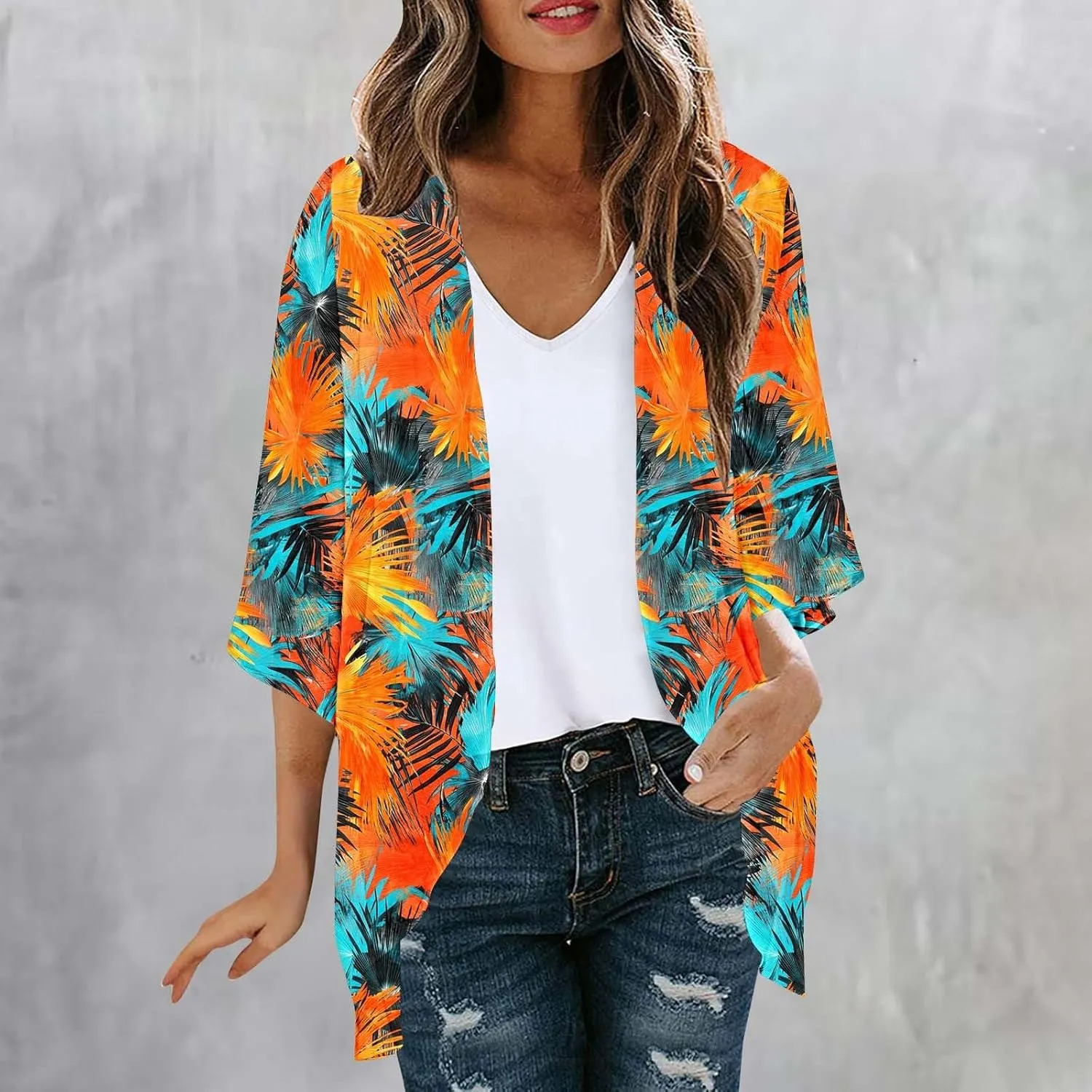 Women Floral Print Lightweight Chiffon Kimono Cardigan 3/4 Sleeve Loose Beach Wear Cover Up Sun Protection Blouse Top