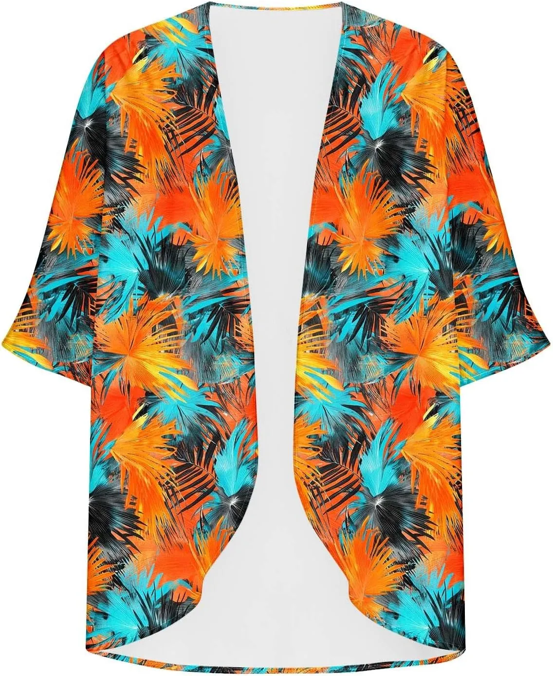 Women Floral Print Lightweight Chiffon Kimono Cardigan 3/4 Sleeve Loose Beach Wear Cover Up Sun Protection Blouse Top