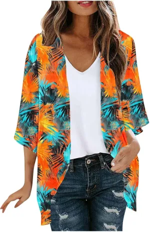 Women Floral Print Lightweight Chiffon Kimono Cardigan 3/4 Sleeve Loose Beach Wear Cover Up Sun Protection Blouse Top