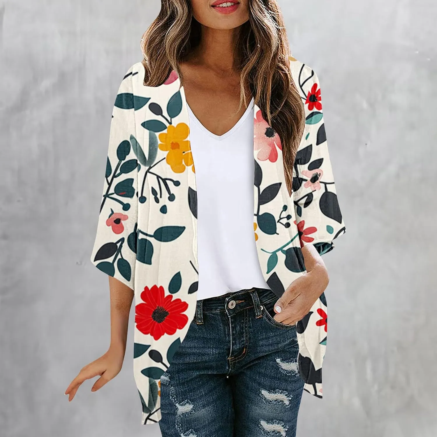 Women Kimono Cardigans Floral Chiffon Loose Open Front Cover Up 3/4 Sleeve Rash Guard Lightweight Swimwear Beach Tops