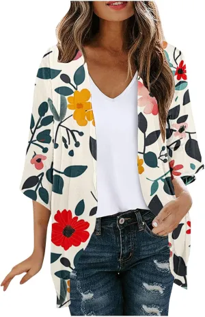 Women Kimono Cardigans Floral Chiffon Loose Open Front Cover Up 3/4 Sleeve Rash Guard Lightweight Swimwear Beach Tops