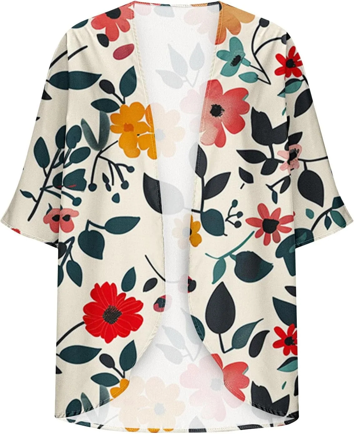 Women Kimono Cardigans Floral Chiffon Loose Open Front Cover Up 3/4 Sleeve Rash Guard Lightweight Swimwear Beach Tops