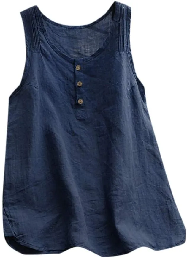 Women Linen Tank Top Button Down Crew Neck Wide Strap Loose Fit Tshirts Casual Vintage Going Out Summer Blouses