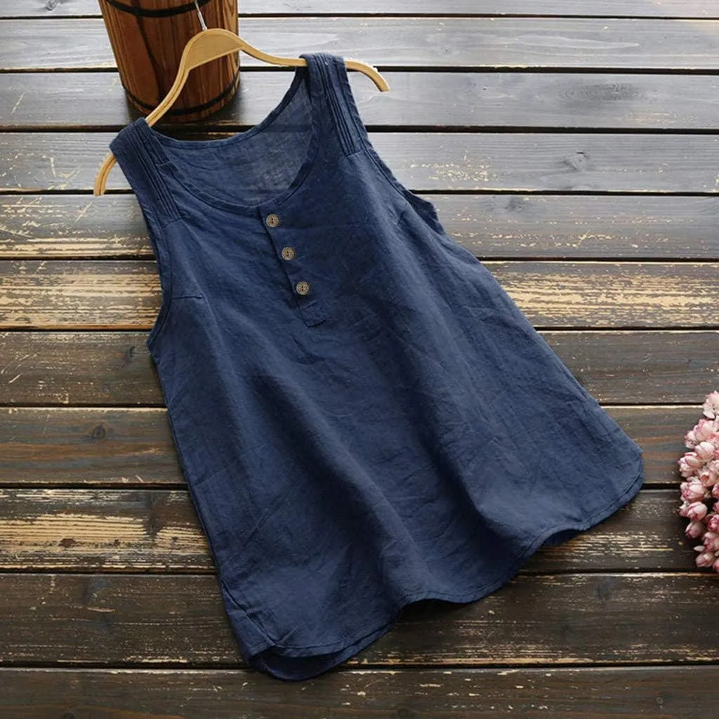 Women Linen Tank Top Button Down Crew Neck Wide Strap Loose Fit Tshirts Casual Vintage Going Out Summer Blouses
