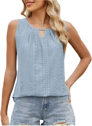 Women Summer Eyelet Embroidery Fashion Tank Tops, Lightweight Sleeveless Crewneck Loose Shirts Vacation Trendy Clothes
