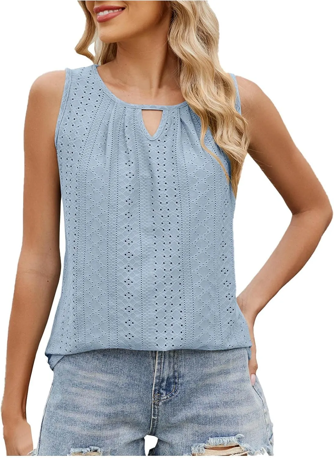 Women Summer Eyelet Embroidery Fashion Tank Tops, Lightweight Sleeveless Crewneck Loose Shirts Vacation Trendy Clothes
