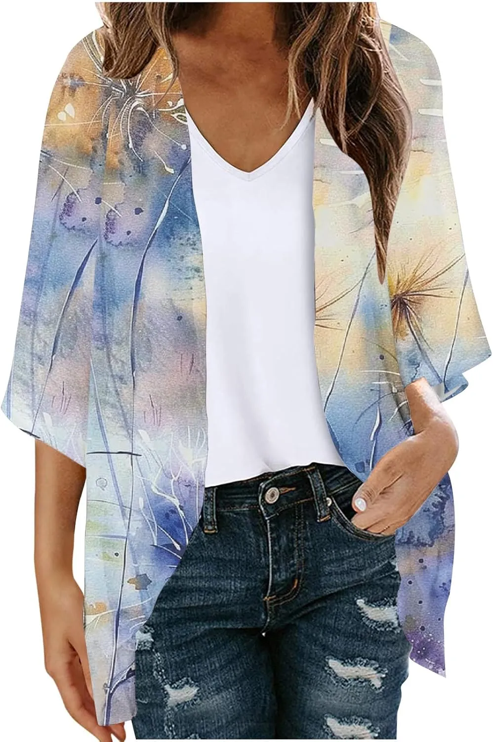 Women Summer Kimono Cardigan Chiffon Loose Beach Cover Up Vintage Boho Floral Tops Light Open Front Coverup Blouse