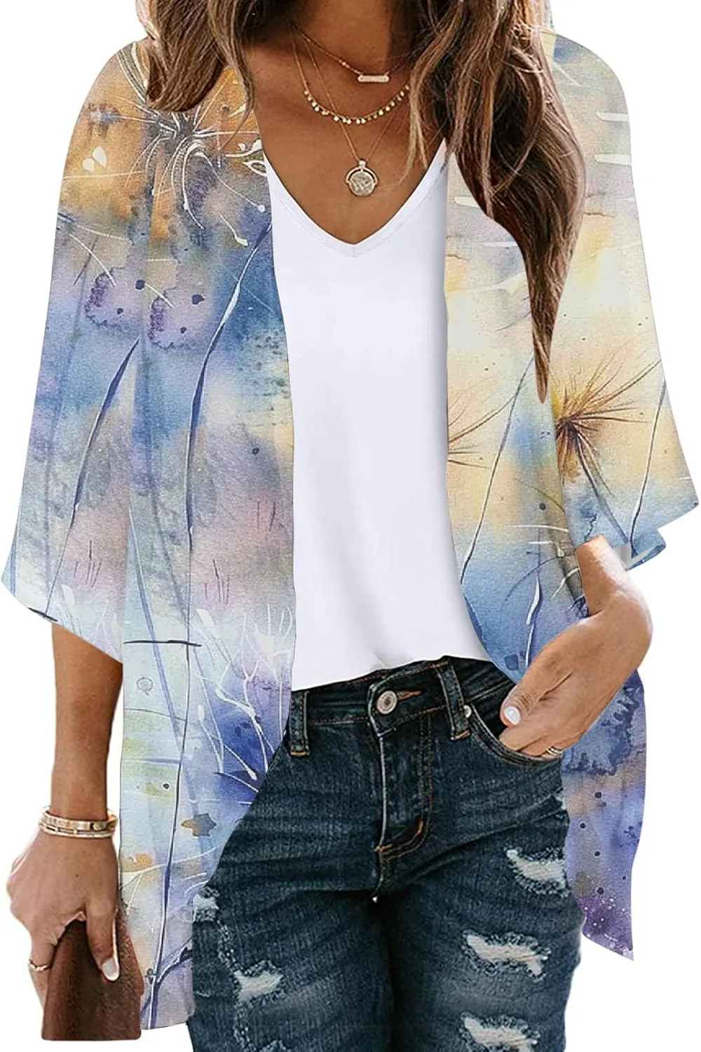 Women Summer Kimono Cardigan Chiffon Loose Beach Cover Up Vintage Boho Floral Tops Light Open Front Coverup Blouse
