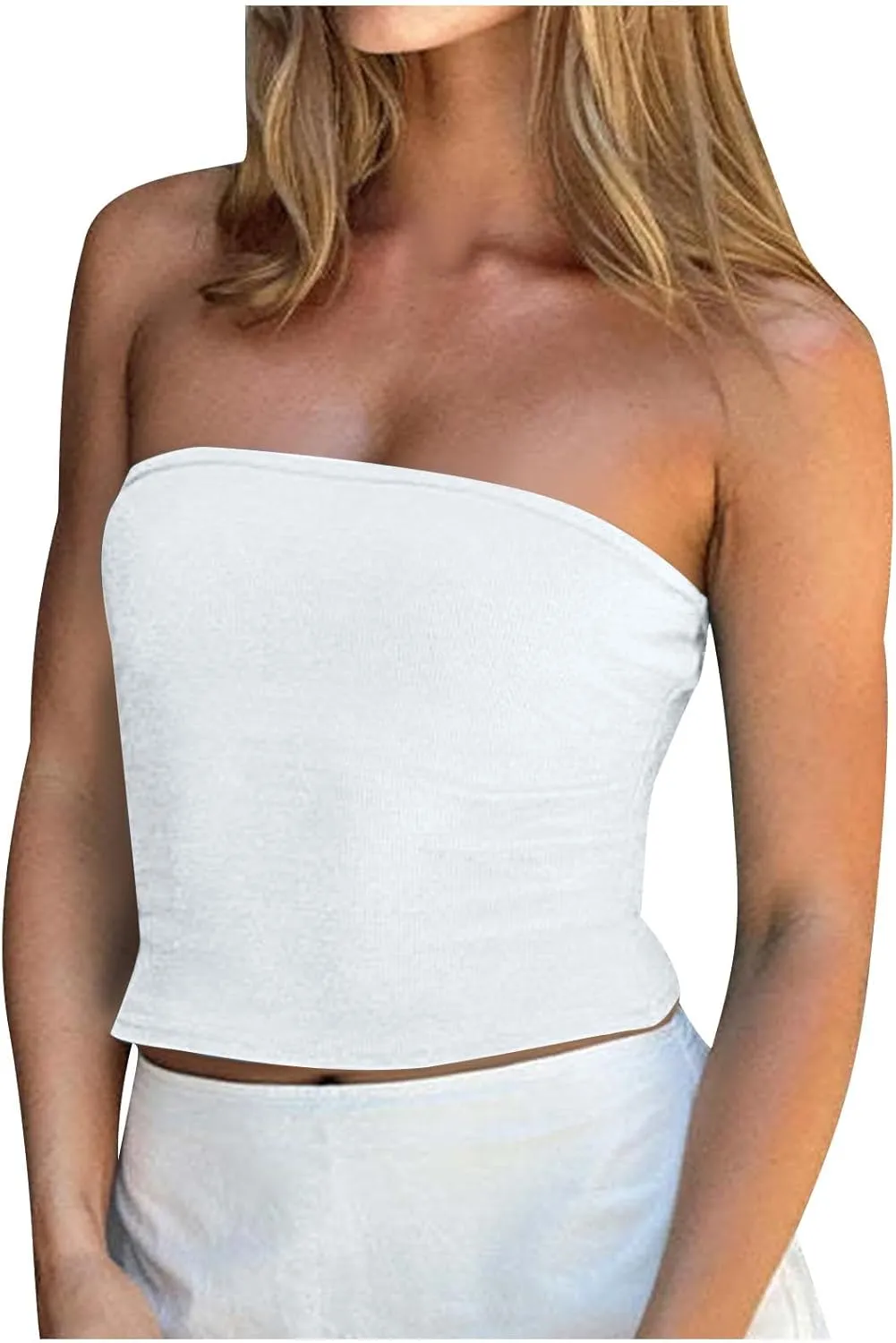 Women Summer Ribbed Knit Crop Tube Top, Elastic Slim Summer Going Out Trendy Clothes Strapless Breathable Basic Bustier