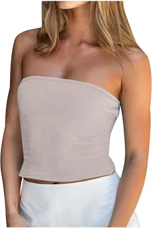 Women Summer Ribbed Knit Crop Tube Top, Elastic Slim Summer Going Out Trendy Clothes Strapless Breathable Basic Bustier
