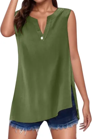 Women's 2025 Summer Tank Top V Neck Sleeveless Button Down T Shirts Trendy Lightweight Casual Loose Side Slit Tops