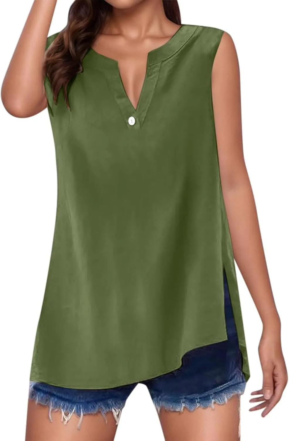 Women's 2025 Summer Tank Top V Neck Sleeveless Button Down T Shirts Trendy Lightweight Casual Loose Side Slit Tops