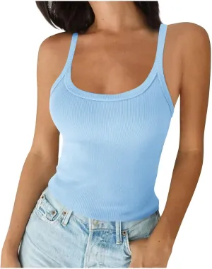Women's 2025 Summer Tank Tops Ribbed Knit Slim Sleeveless Camisole Shirts Spaghetti Strap Trendy Casual Basic Blouse