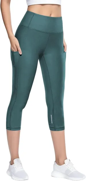 Womens Capri Compression Leggings Skimpy Ultra Soft Workout High Waist Tummy Control Yoga Pants Reflective Cropped