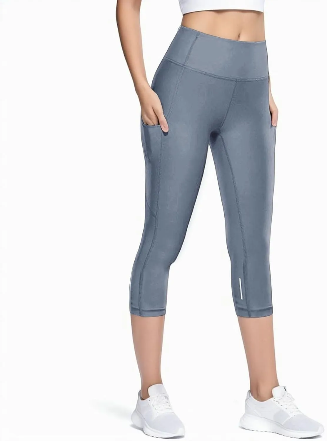 Womens Capri Compression Leggings Skimpy Ultra Soft Workout High Waist Tummy Control Yoga Pants Reflective Cropped