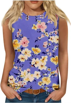 Women's Casual Floral Tank Tops 2025 Summer Sleeveless Shirts Basic Roundneck Loose Tunic Tee Ladies Fashion Blouse
