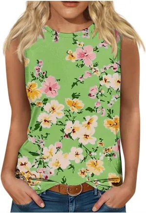 Women's Casual Floral Tank Tops 2025 Summer Sleeveless Shirts Basic Roundneck Loose Tunic Tee Ladies Fashion Blouse