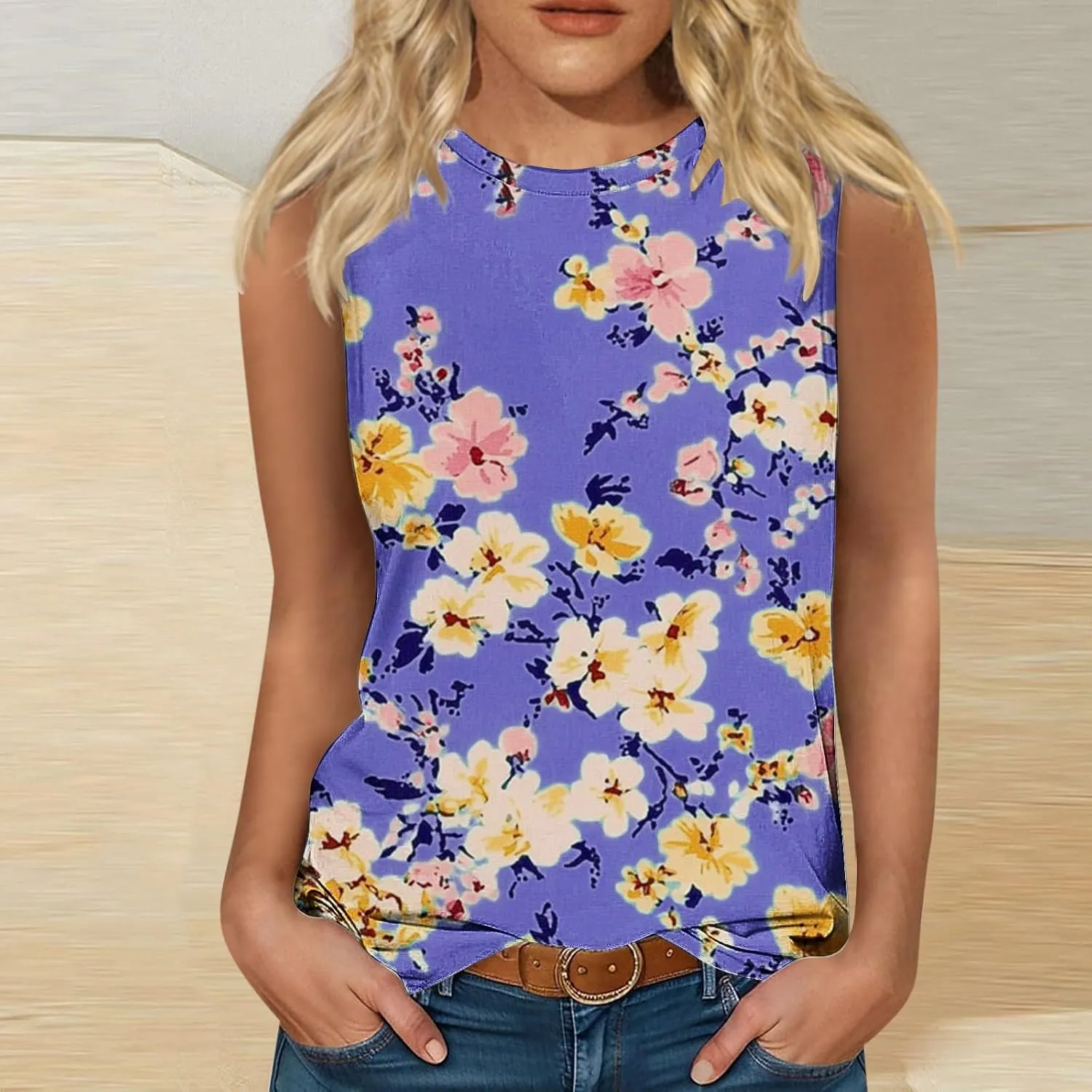 Women's Casual Floral Tank Tops 2025 Summer Sleeveless Shirts Basic Roundneck Loose Tunic Tee Ladies Fashion Blouse