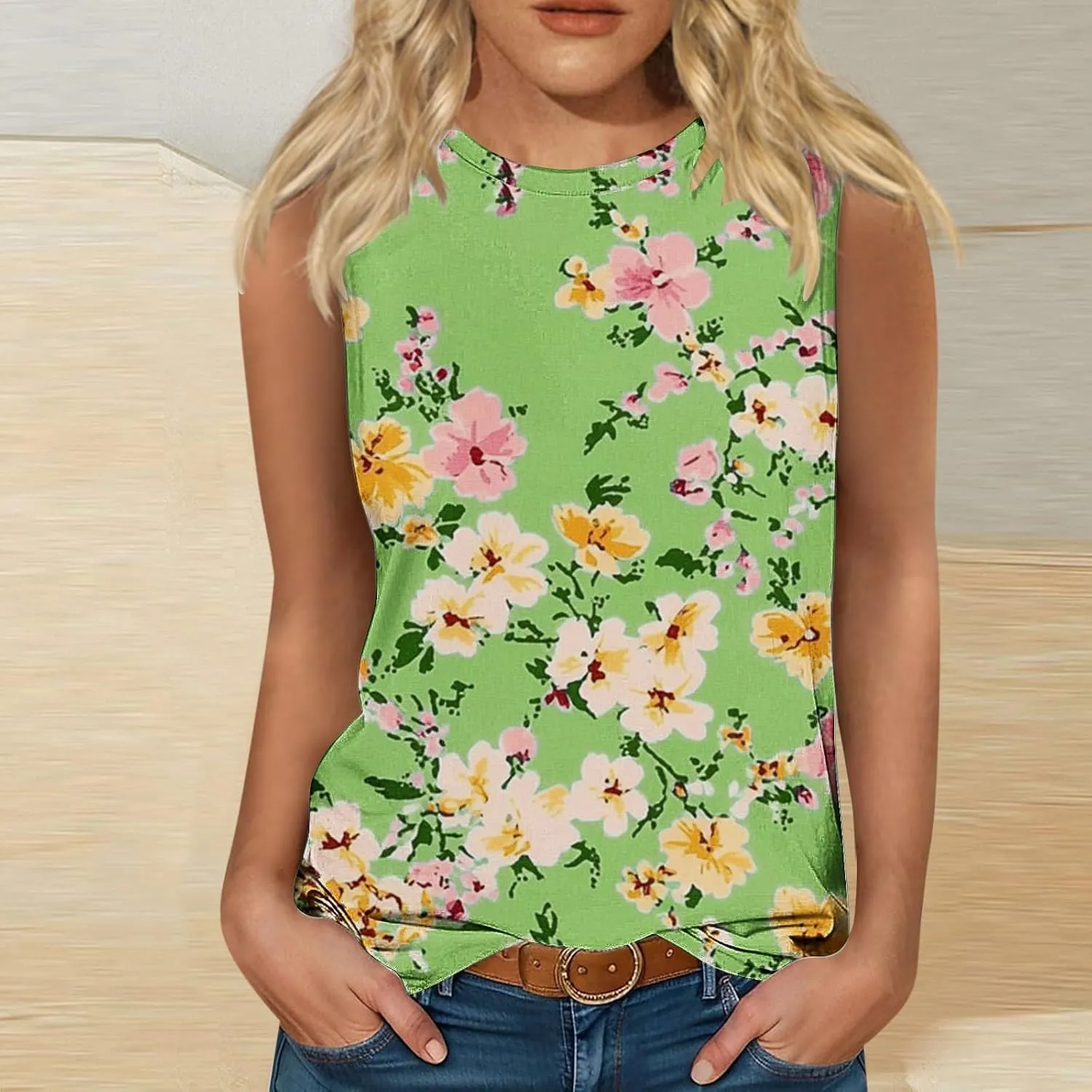 Women's Casual Floral Tank Tops 2025 Summer Sleeveless Shirts Basic Roundneck Loose Tunic Tee Ladies Fashion Blouse